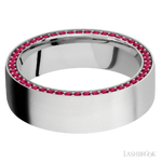 7 mm wide/Flat/14K White Gold band with a Side Eternity arrangement of .01 carat Round Ruby stones in a Bead Channel setting.