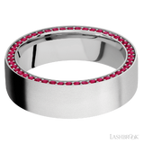 7 mm wide/Flat/14K White Gold band with a Side Eternity arrangement of .01 carat Round Ruby stones in a Bead Channel setting.