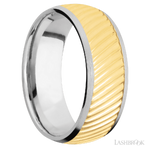 8 mm wide/Domed/14K White Gold band with one 6 mm Centered inlay of 14K Yellow Gold with a machined Ripple pattern.