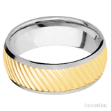 8 mm wide/Domed/14K White Gold band with one 6 mm Centered inlay of 14K Yellow Gold with a machined Ripple pattern.