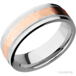 7 mm wide/Flat Stepped Edges Milgrain/Cobalt Chrome band with one 3 mm Centered inlay of 14K Rose Gold.