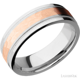 7 mm wide/Flat Stepped Edges Milgrain/Cobalt Chrome band with one 3 mm Centered inlay of 14K Rose Gold.