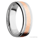 7 mm wide/Flat Stepped Edges Milgrain/Cobalt Chrome band with one 3 mm Centered inlay of 14K Rose Gold.