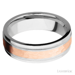 7 mm wide/Flat Stepped Edges Milgrain/Cobalt Chrome band with one 3 mm Centered inlay of 14K Rose Gold.