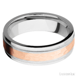 7 mm wide/Flat Stepped Edges Milgrain/Cobalt Chrome band with one 3 mm Centered inlay of 14K Rose Gold.
