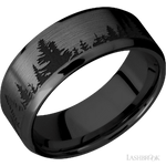 8 mm wide/Beveled/Zirconium band with a laser carved Trees pattern.