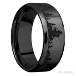 8 mm wide/Beveled/Zirconium band with a laser carved Trees pattern.
