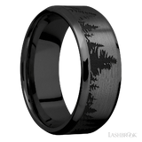 8 mm wide/Beveled/Zirconium band with a laser carved Trees pattern.