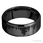 8 mm wide/Beveled/Zirconium band with a laser carved Trees pattern.