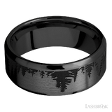 8 mm wide/Beveled/Zirconium band with a laser carved Trees pattern.