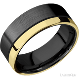 8 mm wide/Flat/Zirconium band with one 2 mm Off Center Edge inlay of 14K Yellow Gold.