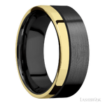 8 mm wide/Flat/Zirconium band with one 2 mm Off Center Edge inlay of 14K Yellow Gold.