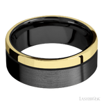 8 mm wide/Flat/Zirconium band with one 2 mm Off Center Edge inlay of 14K Yellow Gold.