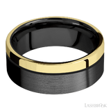 8 mm wide/Flat/Zirconium band with one 2 mm Off Center Edge inlay of 14K Yellow Gold.