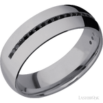 7 mm wide/Domed/Tantalum band with a Half Eternity arrangement of .015 carat Round Black Diamond stones in a Channel setting.