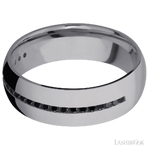 7 mm wide/Domed/Tantalum band with a Half Eternity arrangement of .015 carat Round Black Diamond stones in a Channel setting.