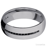 7 mm wide/Domed/Tantalum band with a Half Eternity arrangement of .015 carat Round Black Diamond stones in a Channel setting.