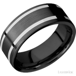 8 mm wide/Flat/Zirconium band with two 1 mm Wide inlays of 14K White Gold.