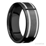 8 mm wide/Flat/Zirconium band with two 1 mm Wide inlays of 14K White Gold.