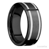 8 mm wide/Flat/Zirconium band with two 1 mm Wide inlays of 14K White Gold.