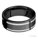 8 mm wide/Flat/Zirconium band with two 1 mm Wide inlays of 14K White Gold.