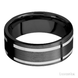 8 mm wide/Flat/Zirconium band with two 1 mm Wide inlays of 14K White Gold.