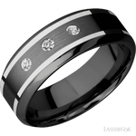 8 mm wide/High Bevel/Zirconium band with  two 1 mm Wide inlays of 14K White Gold and featuring an  arrangement of 3, .05 carat Round Diamond (ST) stones in a Flush setting