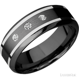 8 mm wide/High Bevel/Zirconium band with  two 1 mm Wide inlays of 14K White Gold and featuring an  arrangement of 3, .05 carat Round Diamond (ST) stones in a Flush setting