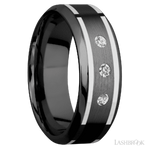 8 mm wide/High Bevel/Zirconium band with  two 1 mm Wide inlays of 14K White Gold and featuring an  arrangement of 3, .05 carat Round Diamond (ST) stones in a Flush setting