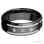 8 mm wide/High Bevel/Zirconium band with  two 1 mm Wide inlays of 14K White Gold and featuring an  arrangement of 3, .05 carat Round Diamond (ST) stones in a Flush setting