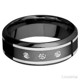 8 mm wide/High Bevel/Zirconium band with  two 1 mm Wide inlays of 14K White Gold and featuring an  arrangement of 3, .05 carat Round Diamond (ST) stones in a Flush setting