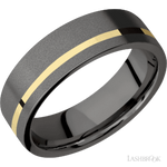 7 mm wide/Flat/Tantalum Noir band with one 1 mm Off Center inlay of 14K Yellow Gold.
