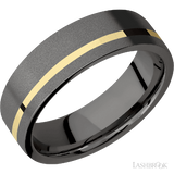 7 mm wide/Flat/Tantalum Noir band with one 1 mm Off Center inlay of 14K Yellow Gold.