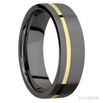 7 mm wide/Flat/Tantalum Noir band with one 1 mm Off Center inlay of 14K Yellow Gold.