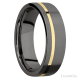 7 mm wide/Flat/Tantalum Noir band with one 1 mm Off Center inlay of 14K Yellow Gold.