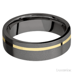 7 mm wide/Flat/Tantalum Noir band with one 1 mm Off Center inlay of 14K Yellow Gold.