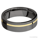 7 mm wide/Flat/Tantalum Noir band with one 1 mm Off Center inlay of 14K Yellow Gold.