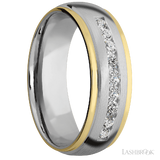 7 mm wide/Domed Stepped Down Edges/Cobalt Chrome band with an  arrangement of 9, .05 carat Round Lab Grown Diamond stones in a Channel setting and featuring two 1 mm Edge inlays of 14K Yellow Gold