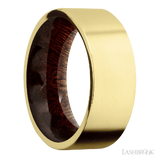 8 mm wide Flat 14K Yellow Gold band featuring a Sapele sleeve.