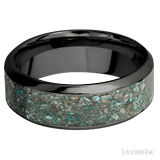 8 mm wide/High Bevel/Zirconium band with one 5 mm Centered inlay of Ocean Jasper.