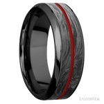 8 mm wide/High Bevel/Zirconium band featuring inlays of Forged Carbon Fiber and USMC Red.