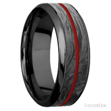 8 mm wide/High Bevel/Zirconium band featuring inlays of Forged Carbon Fiber and USMC Red.