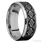 8 mm wide/Beveled/Cobalt Chrome band with one 6 mm Centered inlay of Tantalum with a laser carved Aztec 2 pattern.