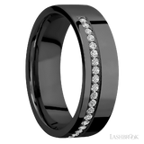 7 mm wide/Flat/Zirconium band with a Off Center Half Eternity arrangement of .015 carat Round Diamond stones in a Bead setting.
