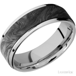 7 mm wide/Flat Grooved Edges/Cobalt Chrome band with one 5 mm Raised Centered inlay of Forged Carbon Fiber.
