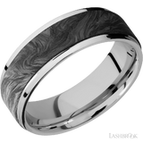 7 mm wide/Flat Grooved Edges/Cobalt Chrome band with one 5 mm Raised Centered inlay of Forged Carbon Fiber.