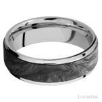 7 mm wide/Flat Grooved Edges/Cobalt Chrome band with one 5 mm Raised Centered inlay of Forged Carbon Fiber.