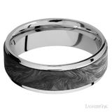 7 mm wide/Flat Grooved Edges/Cobalt Chrome band with one 5 mm Raised Centered inlay of Forged Carbon Fiber.