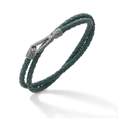 Lash Double Wrap  Green Leather Bracelet with Tsavorite