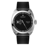 Bremont watch with black leather strap and black dial on a white background
